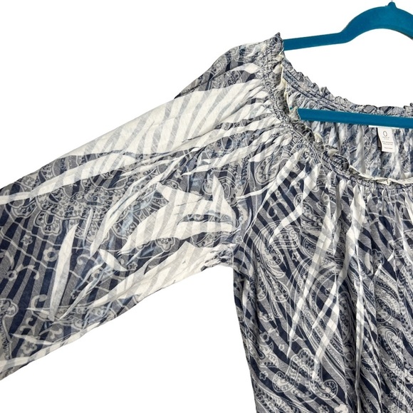 Chico’s Off The Shoulder Sublimation Paisley Striped Smocked Hem Blouse - Picture 3 of 12